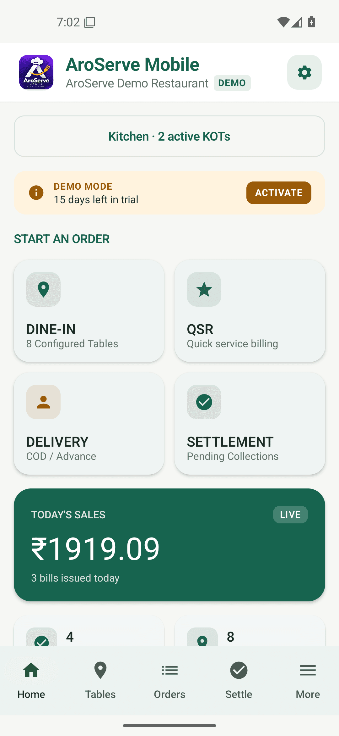 AroServe Mobile home screen with dine-in, QSR, delivery and settlement tiles