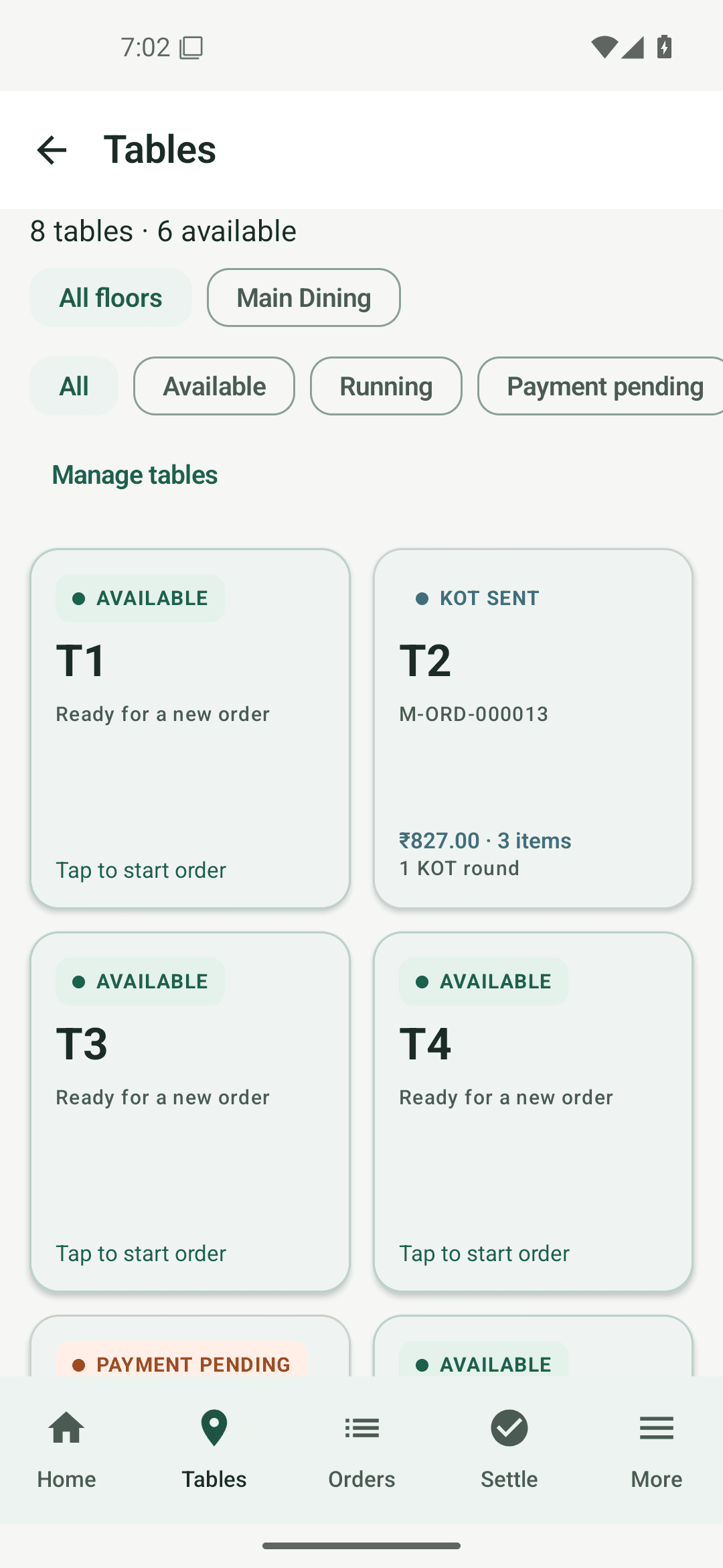 AroServe Mobile tables screen showing eight tables and one with a KOT sent