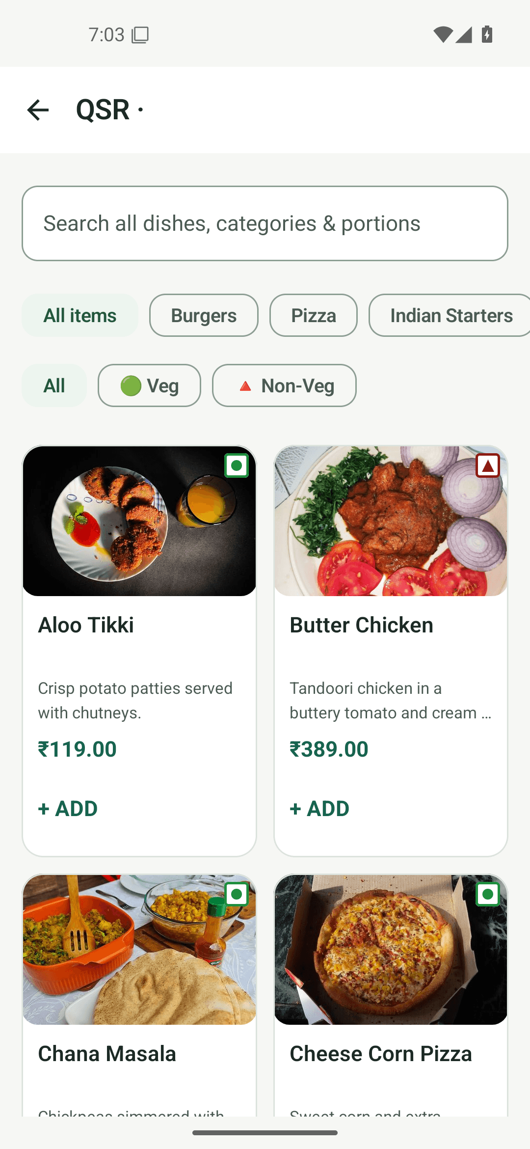 Menu screen with dish photos, veg and non-veg filters and prices