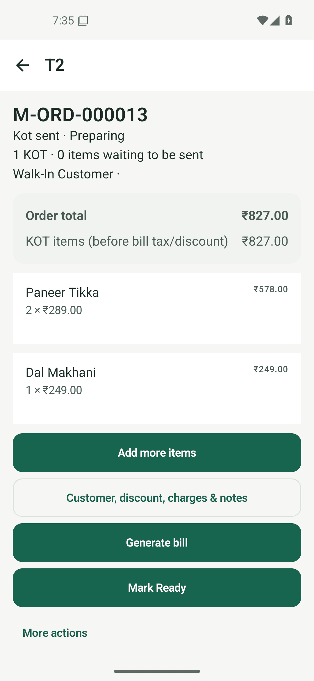 Order detail for table T2 with KOT sent, items, order total and Generate bill button